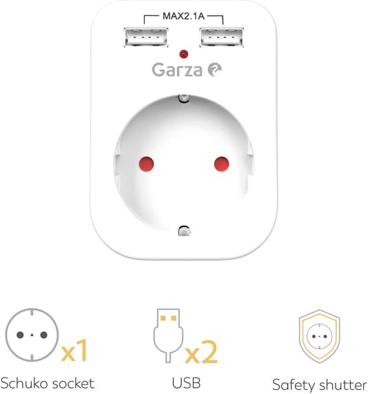 Garza - Adaptateur de Prise avec Prise de Terre, 1 Prise Schuko + 2...