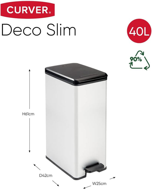 Curver - Poubelle slim à pédale 40L, finition acier, couvercle avec...