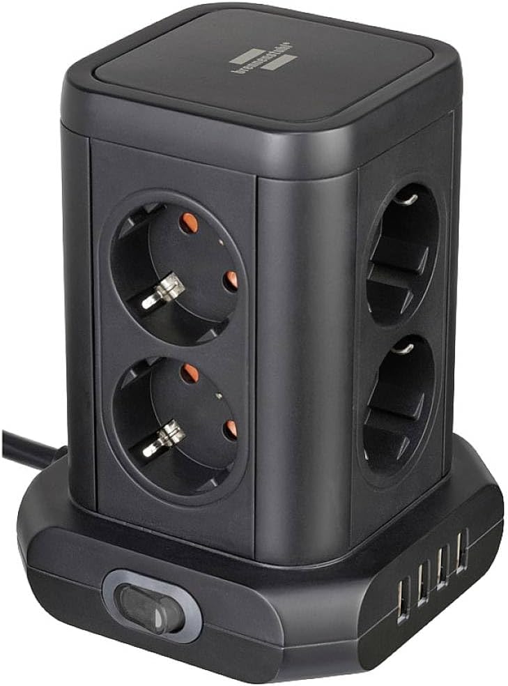 Brennenstuhl Multiprise avec USB et 8 prises de courant / Multiprise verticale (Multiprise horizontale, 4X USB, avec interrupteur lumineux, câble 2 m) Noir