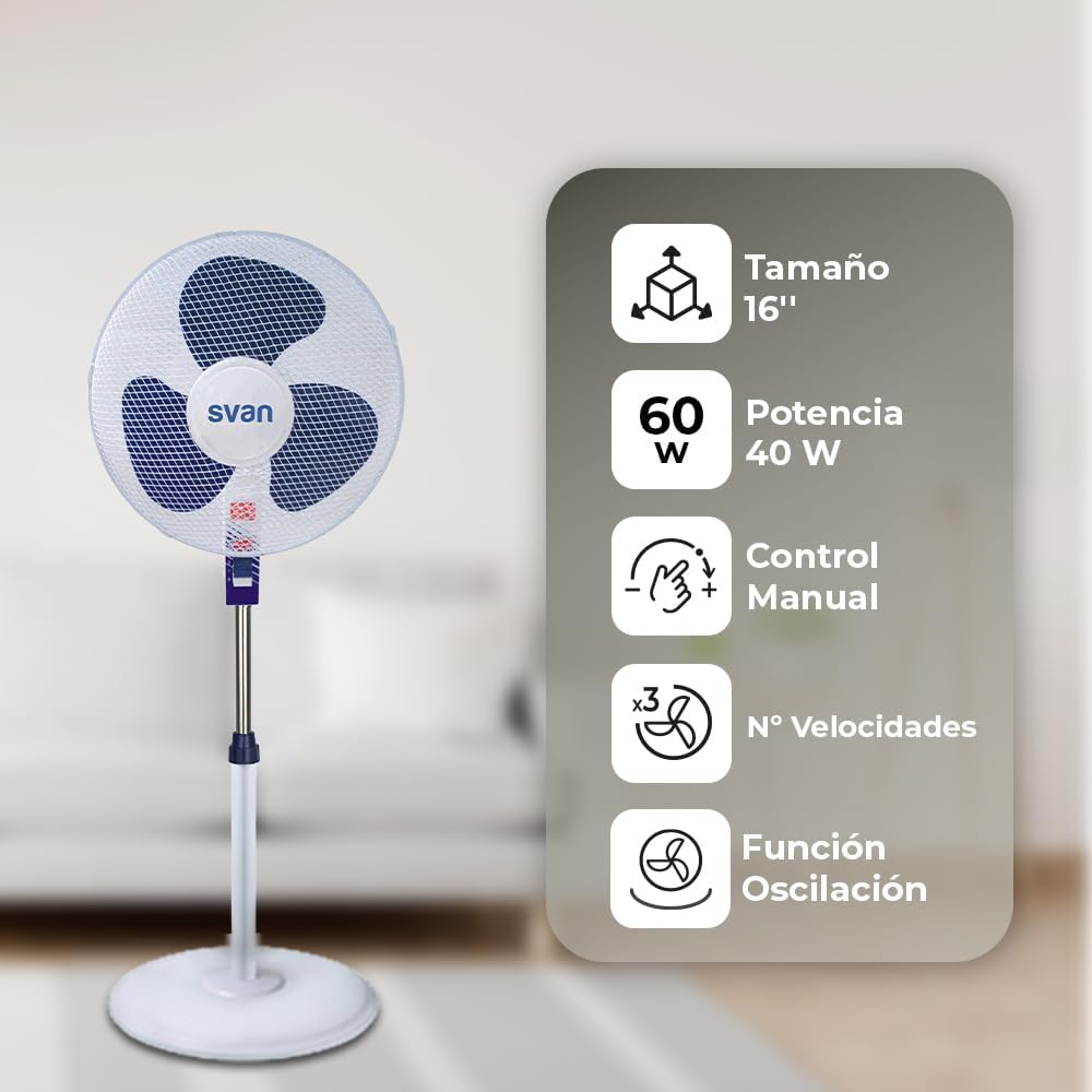 Ventilateur sur pied Svan Blanc et bleu SVP401600OBA. 3 vitesses, 3...