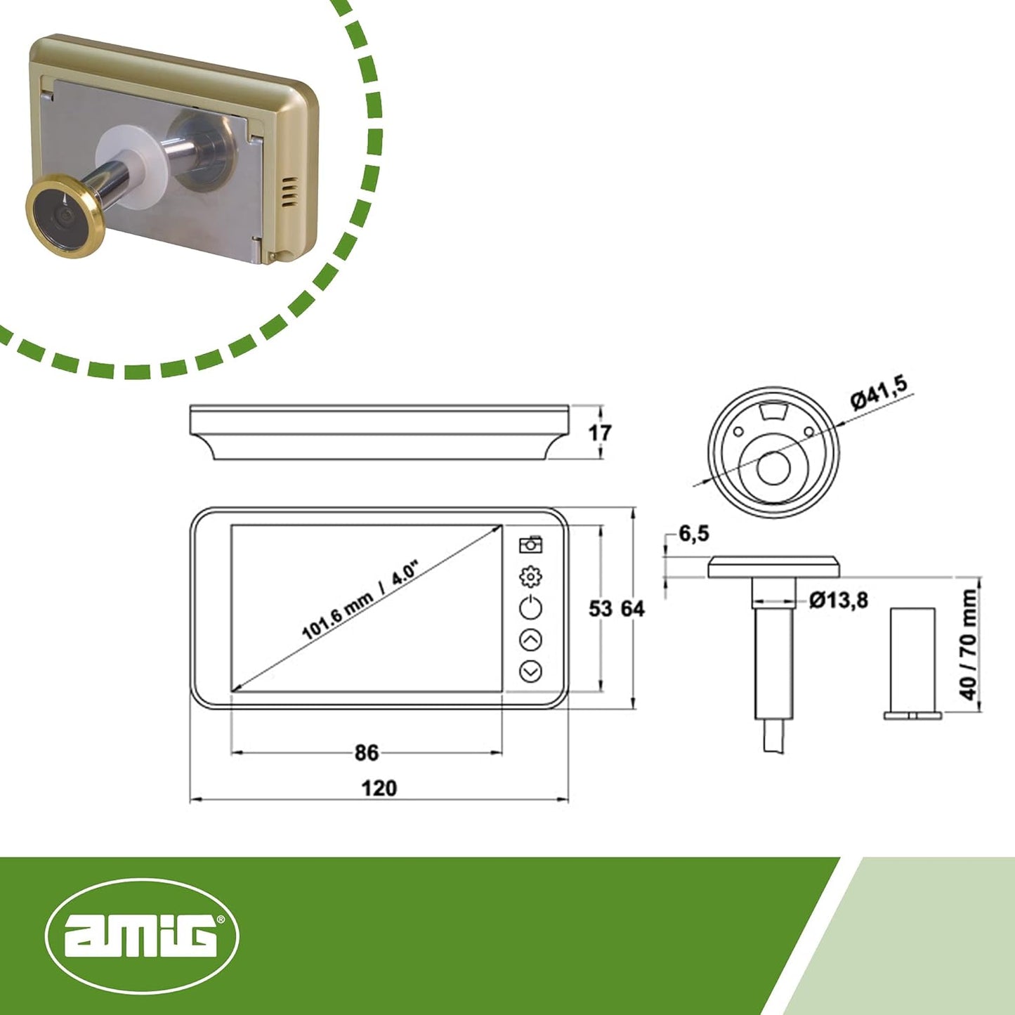 Amig - Judas de porte numérique avec écran LCD 4'' DWR 4.0 HD Or, Or...