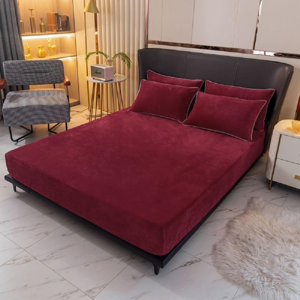 Drap-housse polaire 180 x 200 cm, bonnet 30 cm, rouge et hiver,...