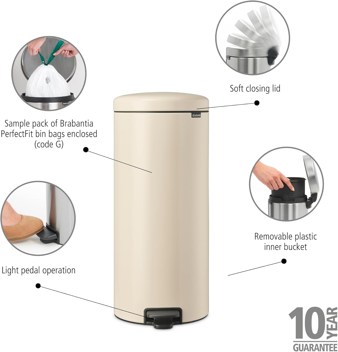 Brabantia - Poubelle à pédale NewIcon 30 L - Grande poubelle pour...