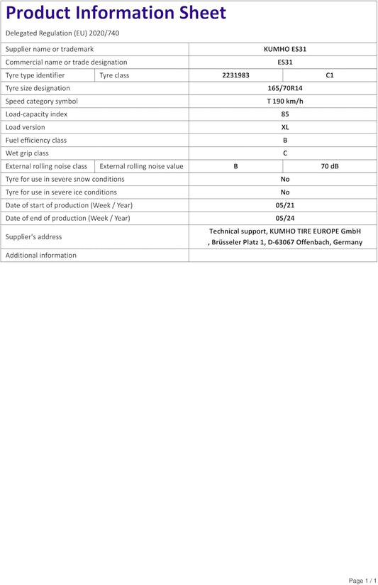 KUMHO 165/70TR14 85T XL ES31 ECOWING