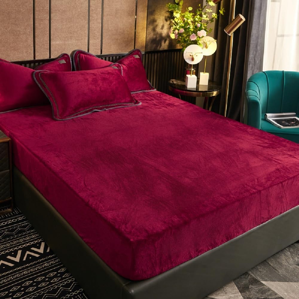 Drap-housse polaire 180 x 200 cm, bonnet 30 cm, rouge et hiver,...