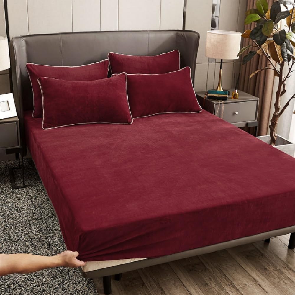 Drap-housse polaire 180 x 200 cm, bonnet 30 cm, rouge et hiver,...