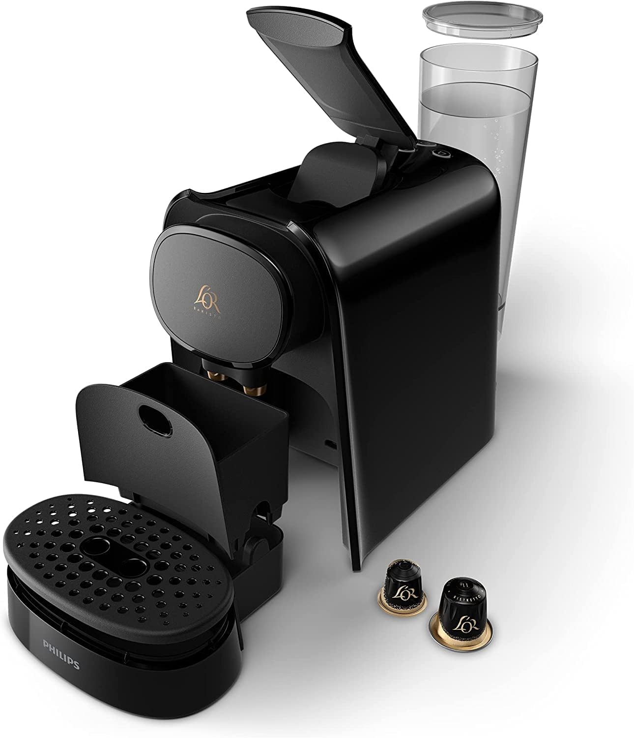 Philips L'Or Barista Original - Cafetière expresso à capsules, 19 bars de pression, pour capsule simple et double, double sortie pour 1 ou 2 tasses, kit de dégustation inclus, noir (LM8012/60)