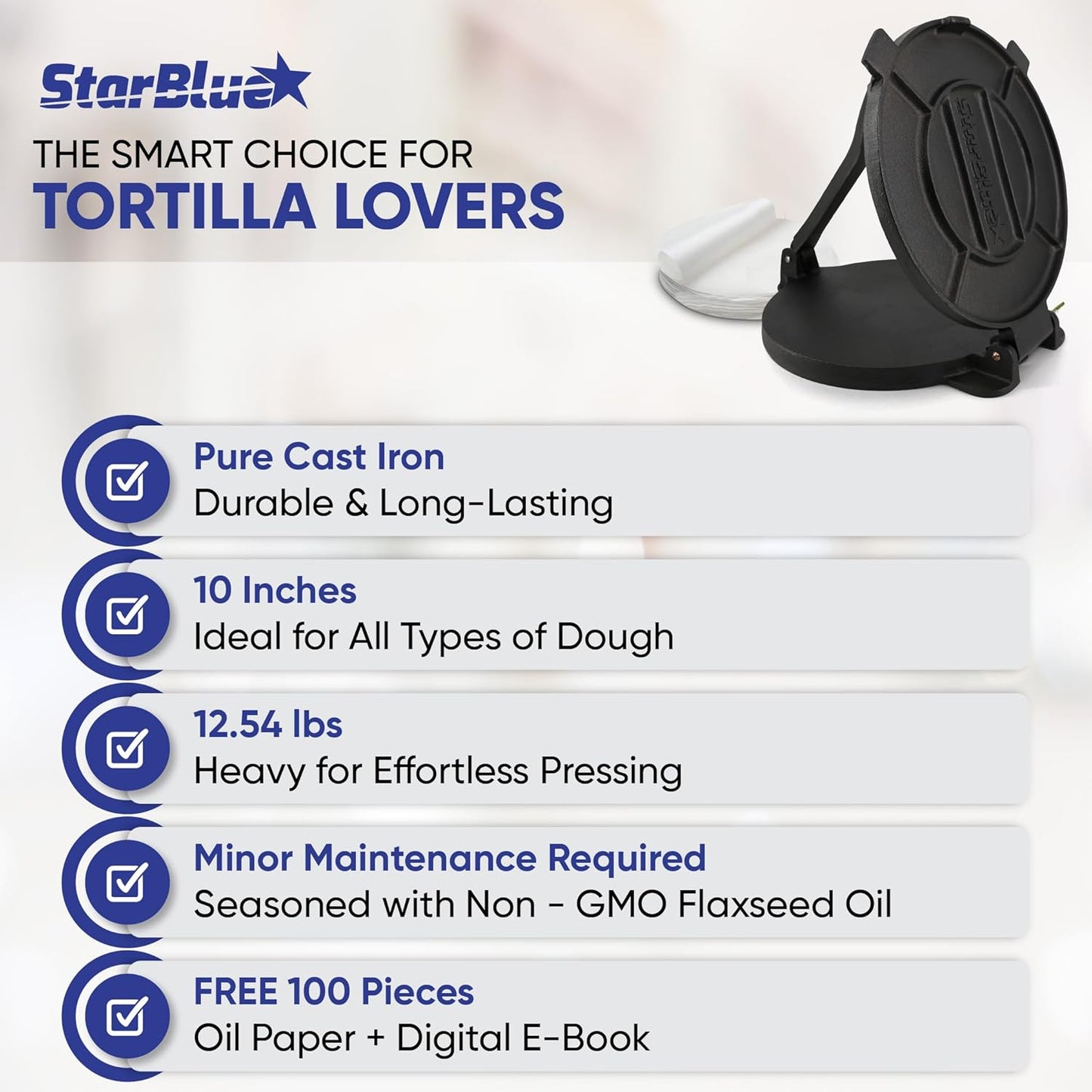 StarBlue - Presse à tortillas en fer, diamètre 25 cm, 100 morceaux de...