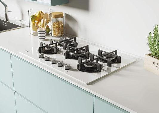 Candy CVG74WPW - Plaque de cuisson à gaz en verre, 5 brûleurs, blanc...
