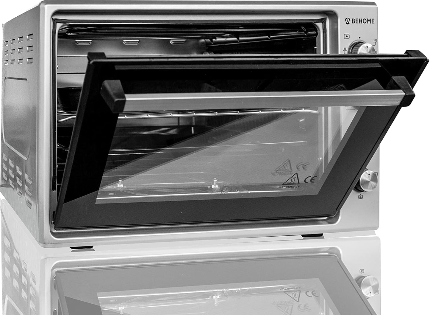 BEHOME Four électrique ventilé avec rôtissoire 70 litres, autonettoyant et émaillé, température jusqu'à 320°, double vitre avec éclairage intérieur et minuterie, 1 rôtissoire, 2 plaques et 1 grill (noir)