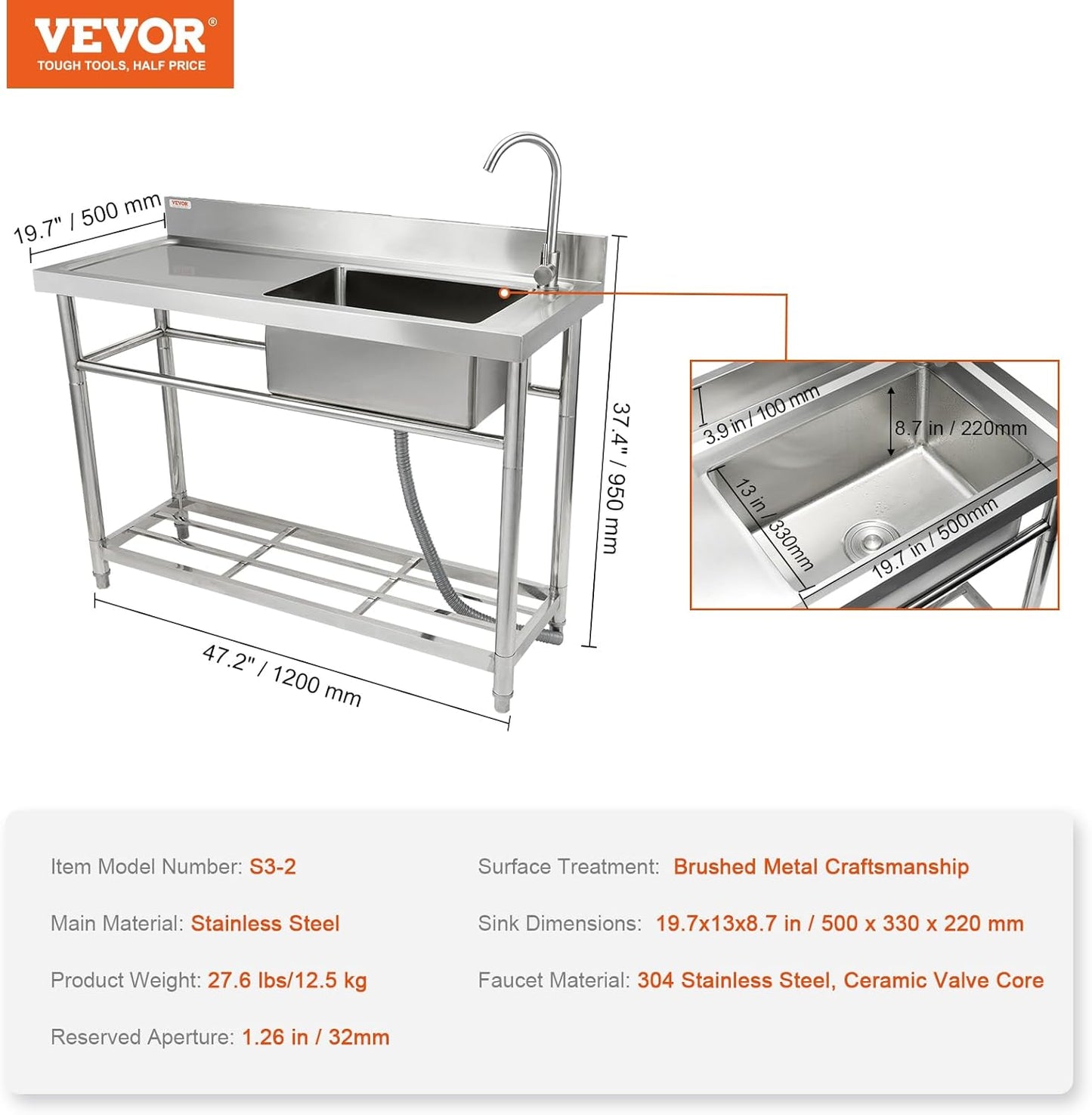 VEVOR Évier utilitaire en acier inoxydable, petit évier autoportant à...