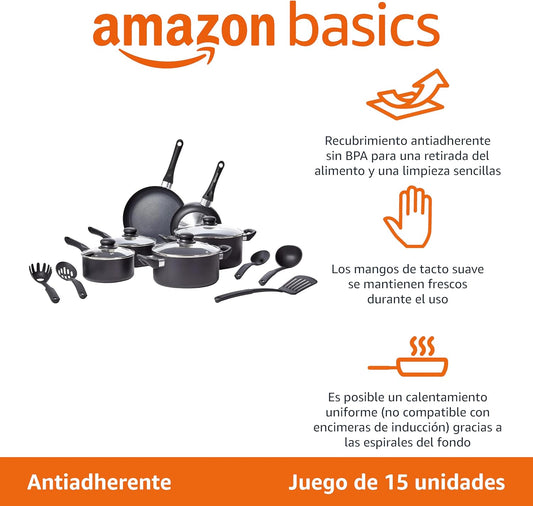 Amazon Basics Batterie de cuisine antiadhésive, 15 pièces, noir