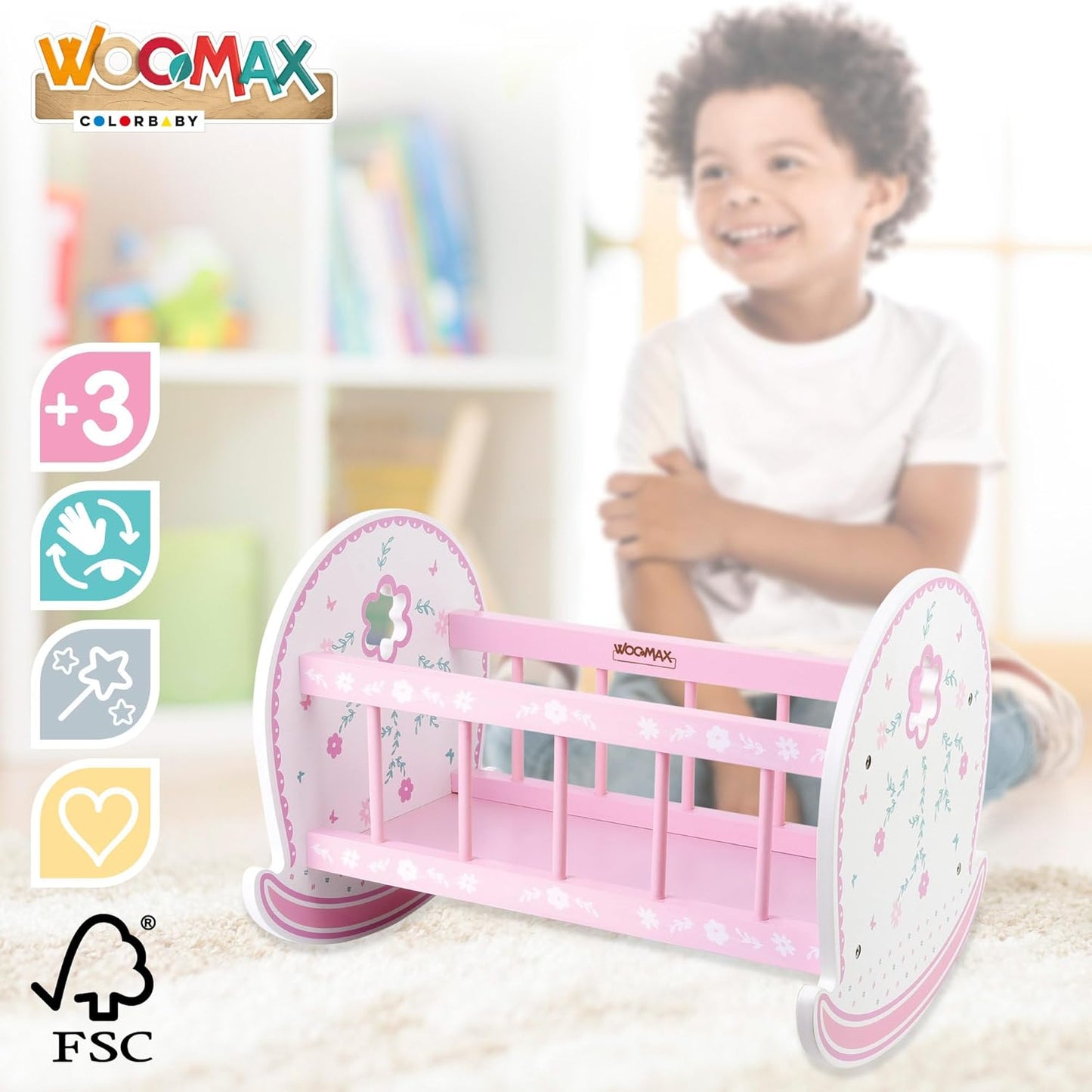 WOOMAX 46474 - Crèche en bois pour poupées, 47x35x36 cm, Rose et...