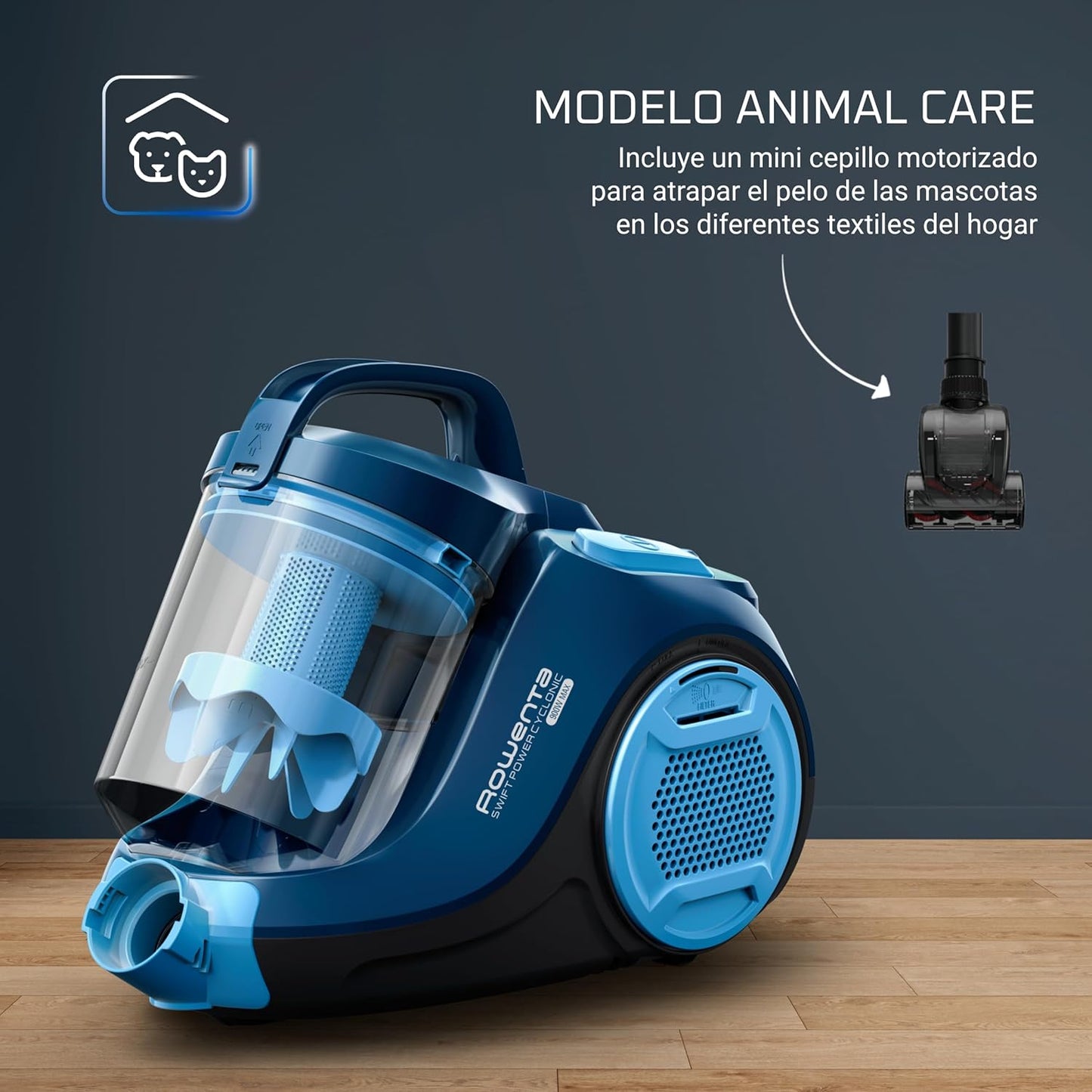 Rowenta Swift Power RO2981 Total Care, aspirateur sans sac, système cyclonique, réservoir 1,5 L, brosse parquet, buse 2 en 1 pour rainures, tissus d'ameublement et poils d'animaux, 77 dB, multicolore