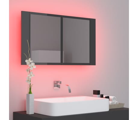 vidaXL Armario espejo de baño luz LED acrílico gris brillo 80x12x45 cm
