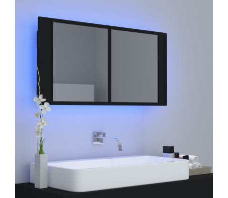vidaXL Armario espejo de baño con luz LED acrílico negro 90x12x45 cm