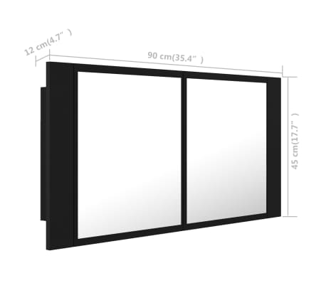 vidaXL Armario espejo de baño con luz LED acrílico negro 90x12x45 cm