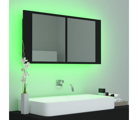 vidaXL Armario espejo de baño con luz LED acrílico negro 90x12x45 cm