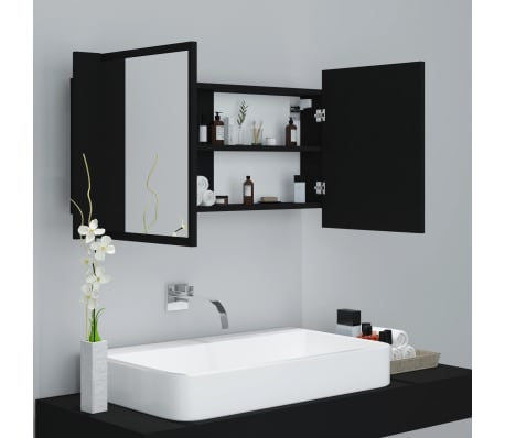 vidaXL Armario espejo de baño con luz LED acrílico negro 90x12x45 cm