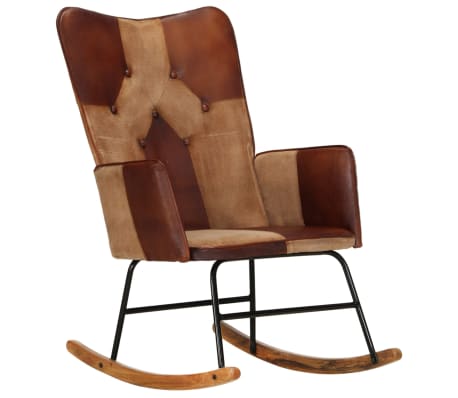 vidaXL Mecedora de cuero auténtico y lona marrón