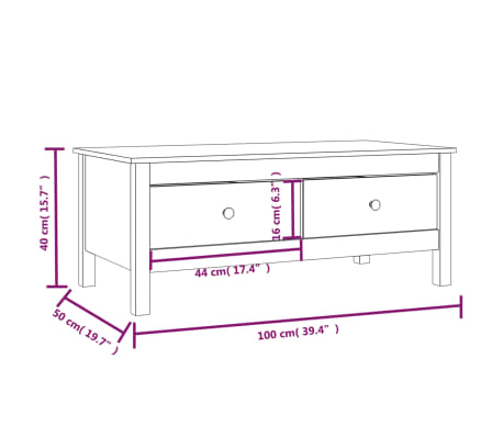 vidaXL Mesa de centro de madera maciza de pino blanco 100x50x40 cm