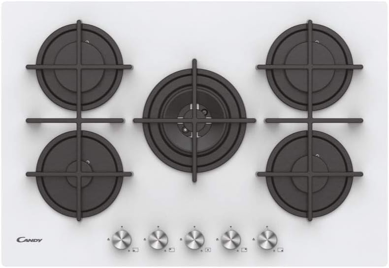 Candy CVG74WPW - Plaque de cuisson à gaz en verre, 5 brûleurs, blanc...