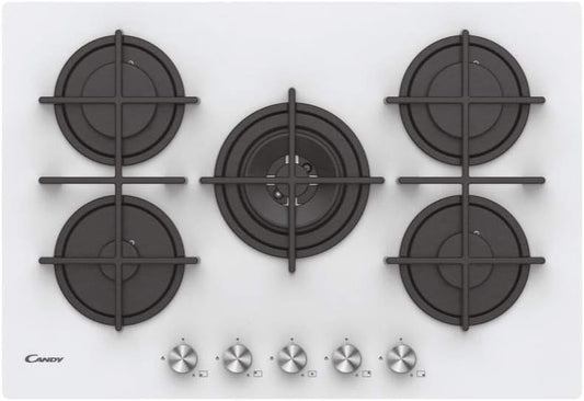 Candy CVG74WPW - Plaque de cuisson à gaz en verre, 5 brûleurs, blanc...