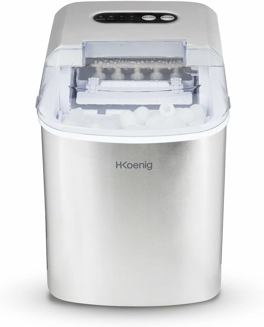 Machine à glaçons H.Koenig KB14, puissance 120 W, 12 kg par jour, cycle de production 10/13 min, 2 tailles de cubes, capacité du bac à eau 2,1 L, écran LCD, acier inoxydable, gris