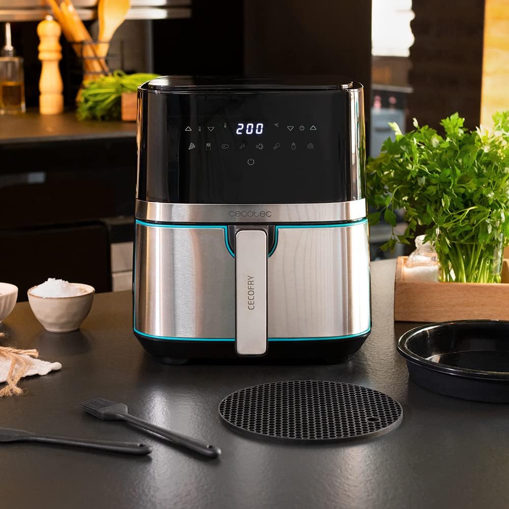 Friteuse à air chaud sans huile Cecotec 5,5 L Cecofry Full Inox 5500 Pro 1700 W, diététique et numérique, écran tactile, finitions en acier inoxydable, technologie PerfectCook, thermostat, 8 modes.