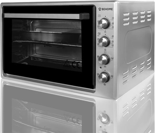 BEHOME Four électrique ventilé avec rôtissoire 70 litres, autonettoyant et émaillé, température jusqu'à 320°, double vitre avec éclairage intérieur et minuterie, 1 rôtissoire, 2 plaques et 1 grill (noir)