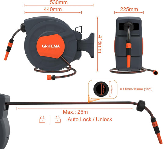 GRIFEMA, Enrouleur de Tuyau d'Arrosage Automatique G301-25, Enrouleur...