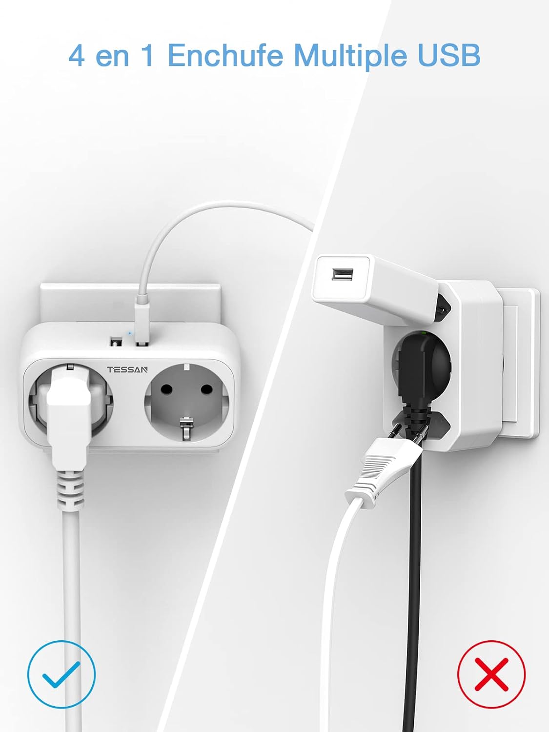 TESSAN Ladrón Prises USB, Prise USB Multiple 4 en 1 avec Double USB...