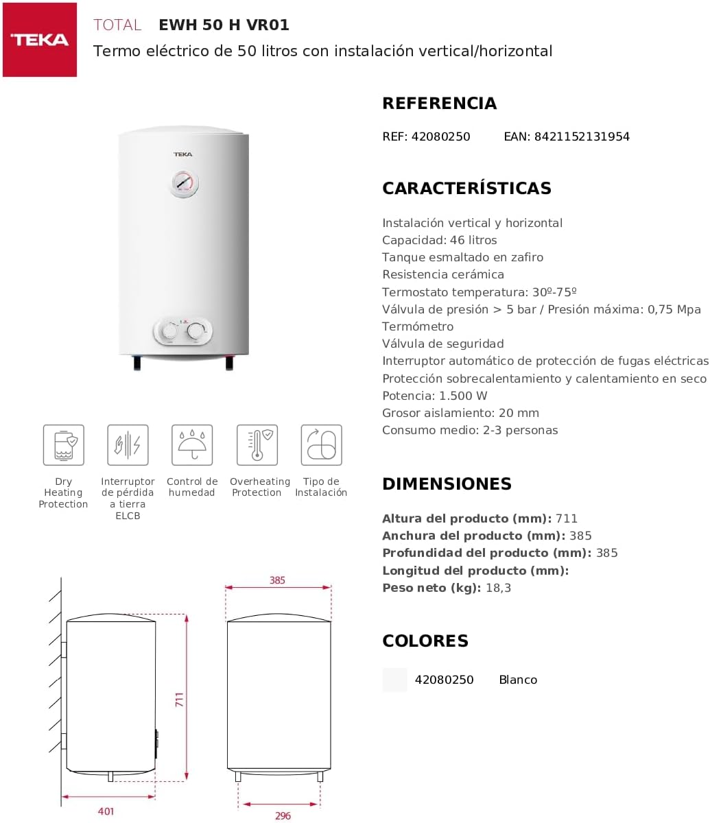Teka, chauffe-eau électrique 50 litres avec installation...