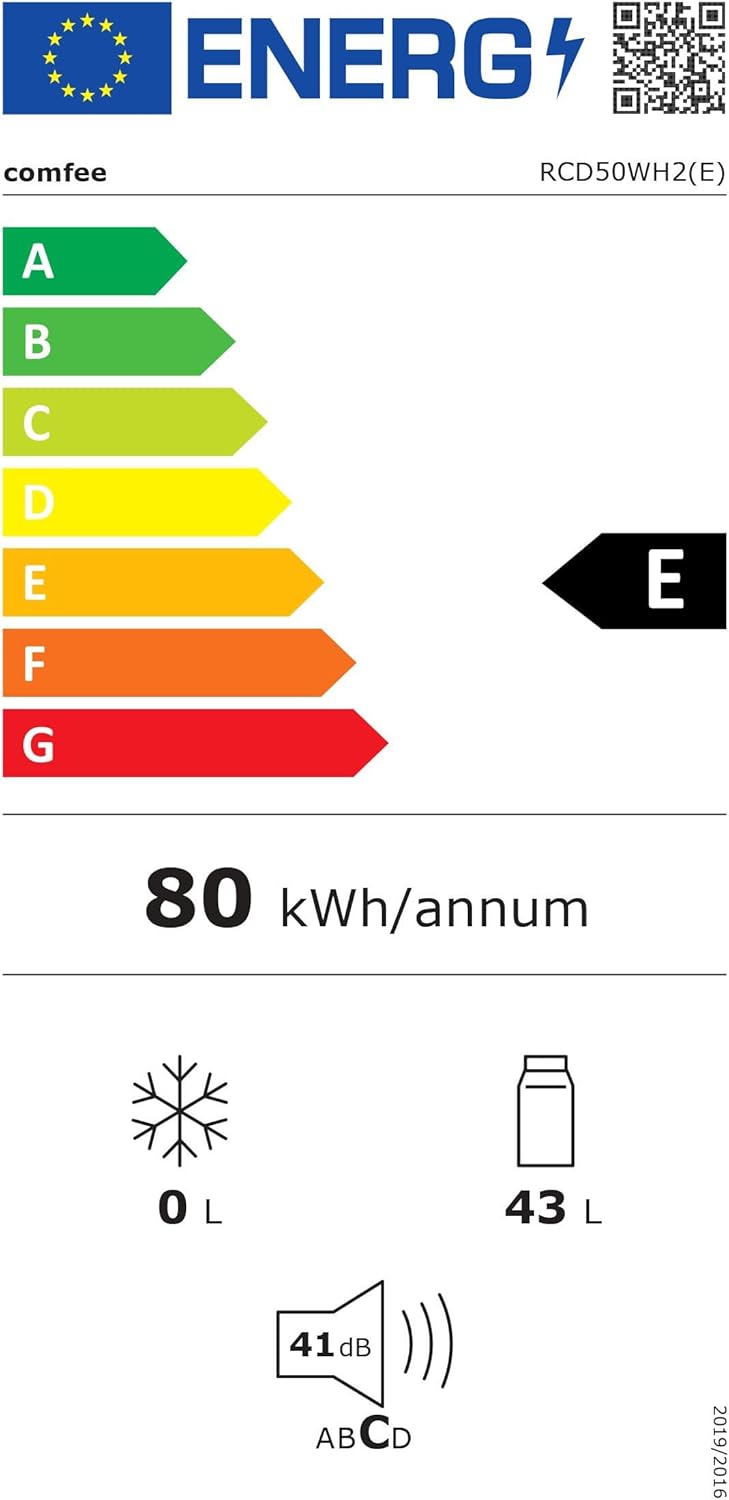 Comfee' RCD50WH2(E) Mini réfrigérateur bar, petit silencieux, mono porte, pour applications en hôtel, maison, bureau, 43 L, blanc, 47,2 x 45 x 49,2 cm