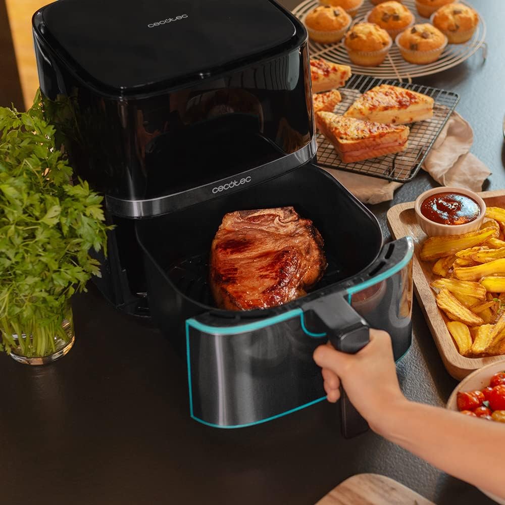 Friteuse à air chaud sans huile Cecotec 5,5 L Cecofry Full Inox 5500 Pro 1700 W, diététique et numérique, écran tactile, finitions en acier inoxydable, technologie PerfectCook, thermostat, 8 modes.