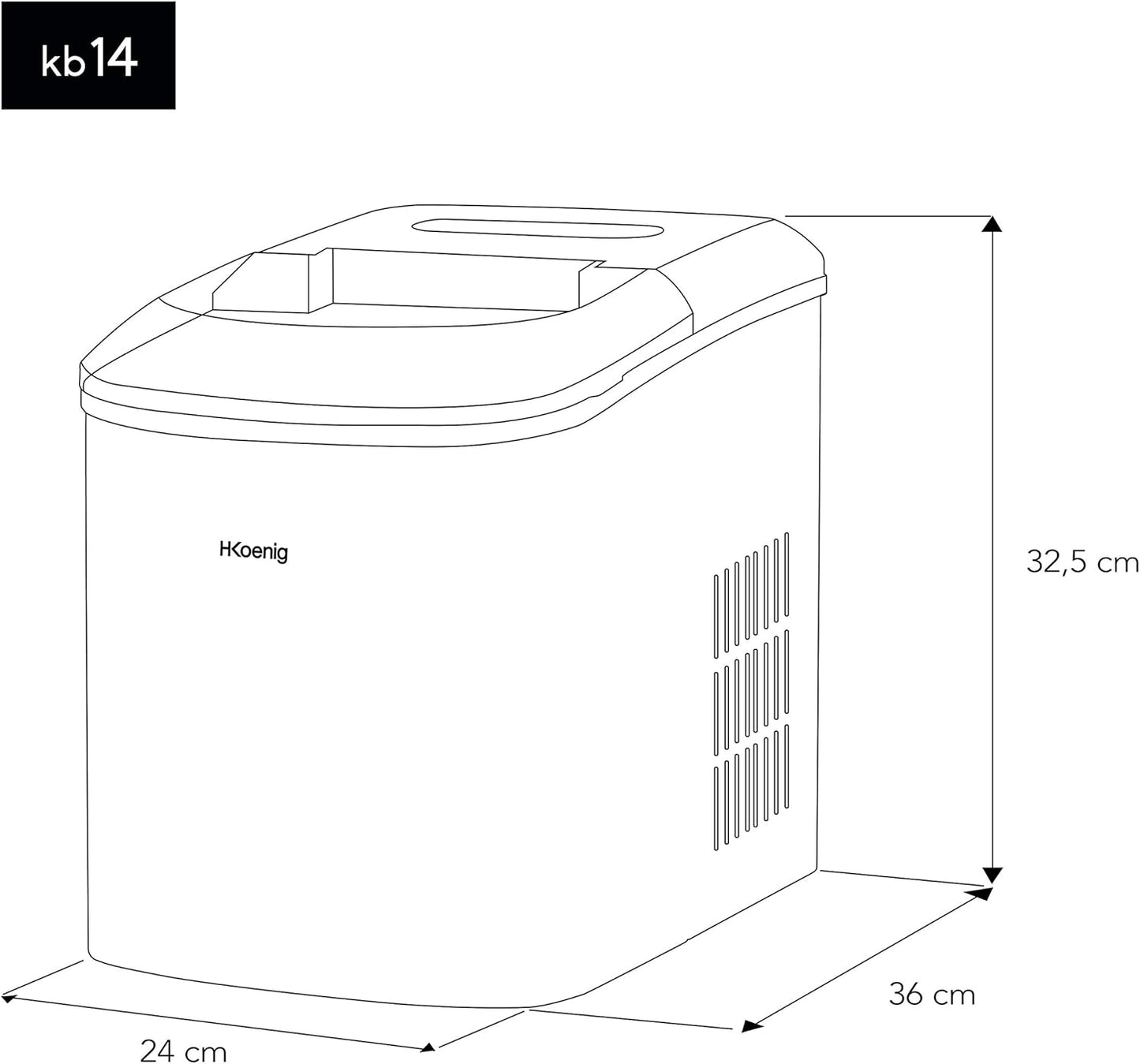 Machine à glaçons H.Koenig KB14, puissance 120 W, 12 kg par jour, cycle de production 10/13 min, 2 tailles de cubes, capacité du bac à eau 2,1 L, écran LCD, acier inoxydable, gris
