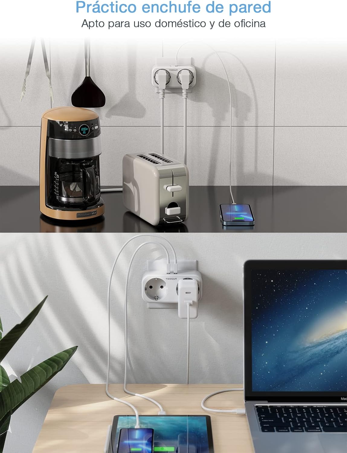 TESSAN Ladrón Prises USB, Prise USB Multiple 4 en 1 avec Double USB...