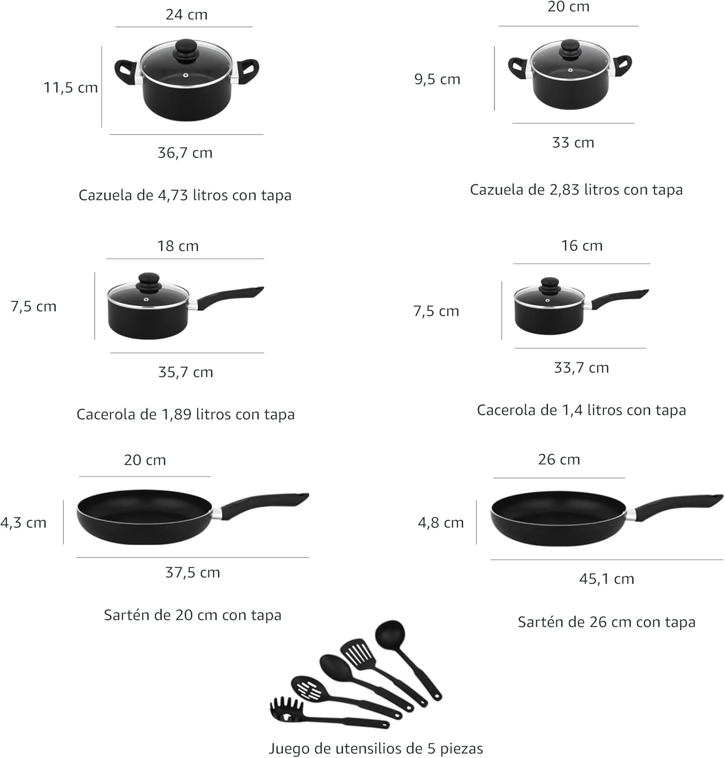 Amazon Basics Batterie de cuisine antiadhésive, 15 pièces, noir