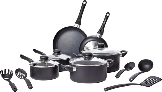Amazon Basics Batterie de cuisine antiadhésive, 15 pièces, noir