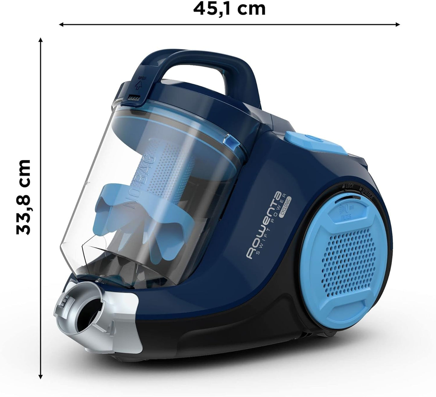 Rowenta Swift Power RO2981 Total Care, aspirateur sans sac, système cyclonique, réservoir 1,5 L, brosse parquet, buse 2 en 1 pour rainures, tissus d'ameublement et poils d'animaux, 77 dB, multicolore