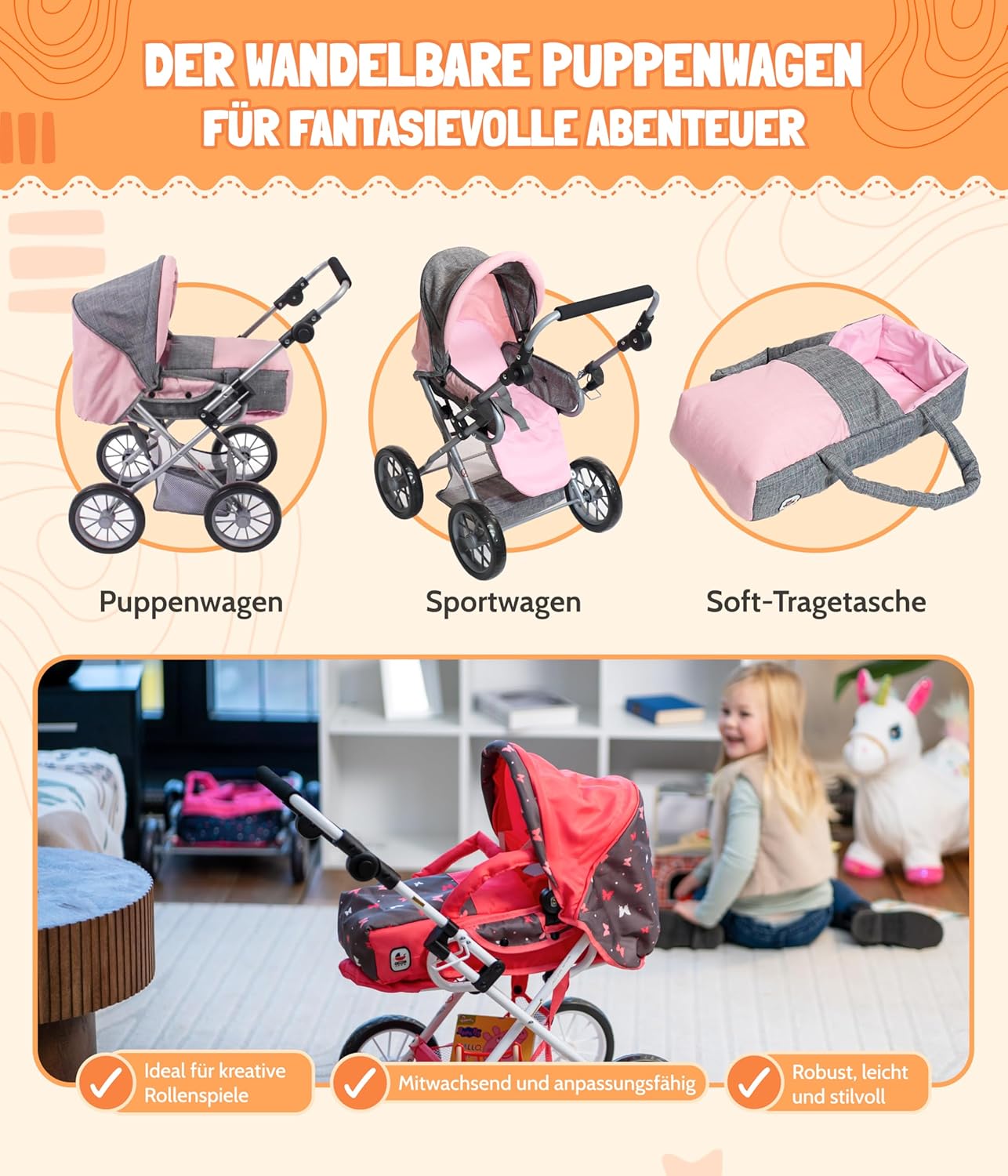 Bayer Chic 2000-bayer Poussette pour poupées Leni, Jeans Gris, 64 x...