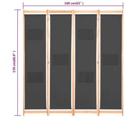 vidaXL Biombo divisor de 4 paneles de tela gris 160x170x4 cm