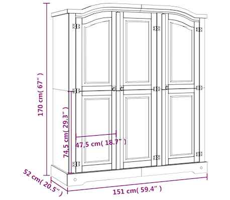 vidaXL Armario madera de pino Mexicano estilo Corona gris 3 puertas