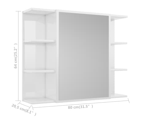 vidaXL Armario espejo baño contrachapada blanco brillo 80x20,5x64 cm