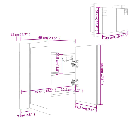 vidaXL Armario espejo de baño con luz LED acrílico blanco 60x12x45 cm