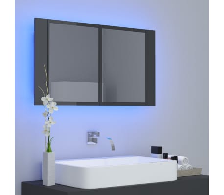 vidaXL Armario espejo de baño luz LED acrílico gris brillo 80x12x45 cm