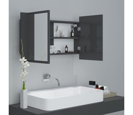 vidaXL Armario espejo de baño luz LED acrílico gris brillo 80x12x45 cm