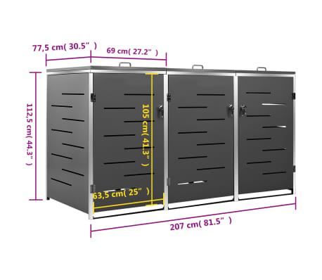 vidaXL Cobertizo para tres contenedores basura acero 207x77,5x112,5 cm