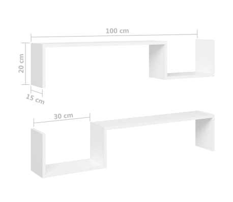 vidaXL Estantes de pared 2 uds madera contrachapada blanco 100x15x20cm