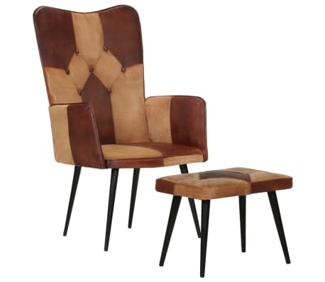 vidaXL Sillón con reposapiés cuero auténtico y lona marrón
